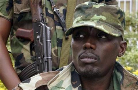 General Sultani Makenga, military leader of the M23 rebels, addresses the media in Bunagana