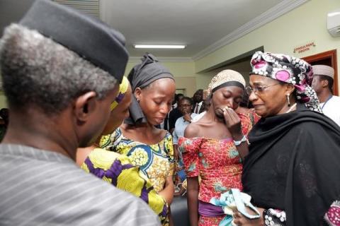 Some of the 21 Chibok school girls released are seen during a meeting with Nigeria's Vice President Yemi Osinbajo in Abuja, Nigeria, October 13, 2016. PHOTO BY REUTERS