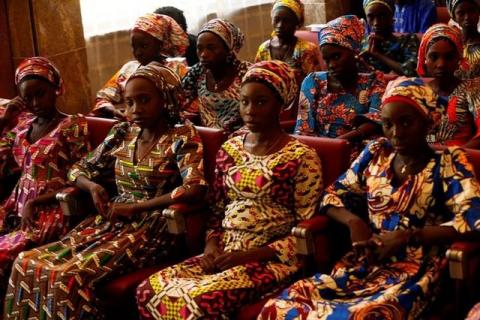 Some of the 21 Chibok schoolgirls released by Boko Haram look on during their visit to meet President Muhammadu Buhari In Abuja, Nigeria, October 19, 2016. PHOTO BY REUTERS/Afolabi Sotunde