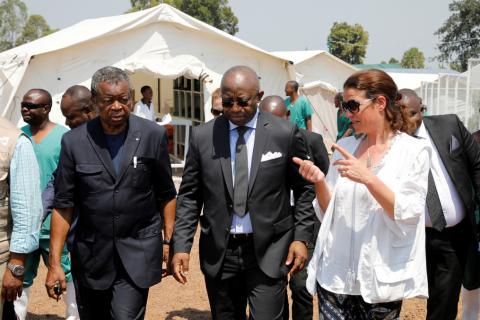 The Congolese government's Ebola response coordinator, Jean-Jacques Muyembe, and Pierre Kangudia, Minister of State for Budget and Interim Health Minister, visit the new MSF (Doctors Without Borders) Ebola treatment centre in Goma, Democratic Republic of Congo, August 6, 2019. PHOTO BY REUTERS/Baz Ratner