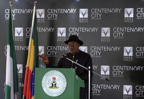 Nigeria's President Goodluck Jonathan speaks during the groundbreaking ceremony of the Centenary City project in Abuja