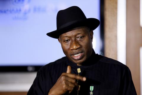 Nigerian President Goodluck Jonathan speaks to the media on the situation in Chibok and the success of the World Economic Forum in Abuja