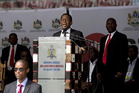 Zulu King Goodwill Zwelithini addresses a meeting in Durban, April 20, 2015. PHOTO BY REUTERS/Rogan Ward