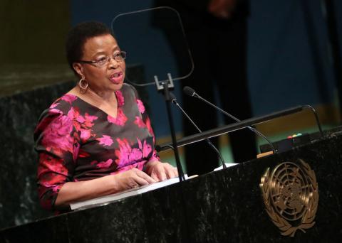 Graca Machel, member of the Elders speaks at the Nelson Mandela Peace Summit during the 73rd United Nations General Assembly in New York, U.S., September 24, 2018. PHOTO BY REUTERS/Carlo Allegri