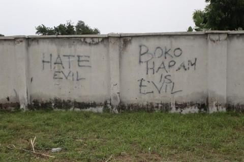 Writings describing Boko Haram are seen on the wall along a street in Bama, in Borno, Nigeria, August 31, 2016. PHOTO BY REUTERS/Afolabi Sotunde