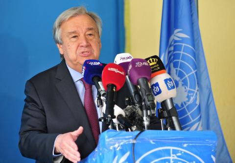 Secretary General of the United Nations Antonio Guterres speaks to the media during his visit at Al-Baqaa Palestinian refugee camp, near Amman, Jordan, April 6, 2019. PHOTO BY REUTERS/Stringer