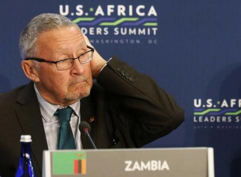 Zambia's Vice President Guy Scott (L) listens as U.S. President Barack Obama (not pictured) speaks, at the first Leaders' Session of the U.S.-Africa Leaders Summit, at the State Department in Washington, August 6, 2014. PHOTO BY  REUTERS/Larry Downing