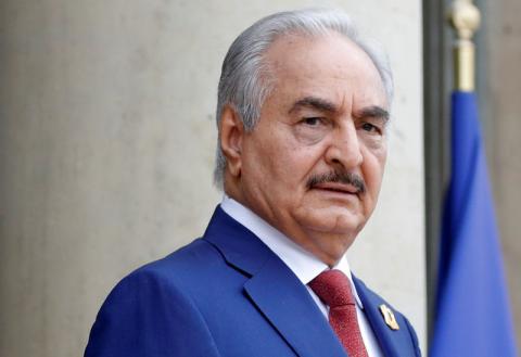 Khalifa Haftar, the military commander who dominates eastern Libya, arrives to attend an international conference on Libya at the Elysee Palace in Paris, France, May 29, 2018. PHOTO BY REUTERS/Philippe Wojazer
