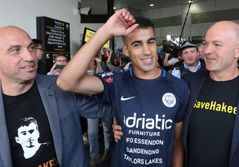 Supporters greet refugee footballer Hakeem Al-Araibi (centre) as he arrives at Melbourne International Airport in Melbourne, Australia, February 12, 2019. PHOTO BY REUTERS/AAP Image/David Crosling