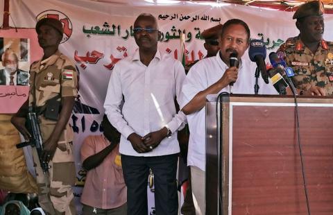 Sudan's Prime Minister in the transitional government Abdalla Hamdok addresses residents during his visit to the camps of El-Fashir in North Darfur, Sudan, November 4, 2019. PHOTO BY REUTERS/El Tayyieb Siddig