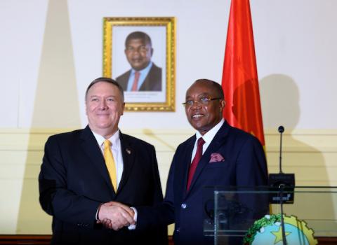 U.S. Secretary of State Mike Pompeo and Angolan Foreign Minister Manuel Domingos Augusto hold a news conference the at Ministry of Foreign Affairs in Luanda, Angola, February 17, 2020. PHOTO BY REUTERS/Andrew Caballero-Reynolds/Pool 