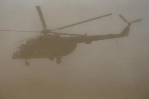 A Cameroonian military helicopter takes off in Kolofata, Cameroon, March 16, 2016. PHOTO BY REUTERS/Joe Penney