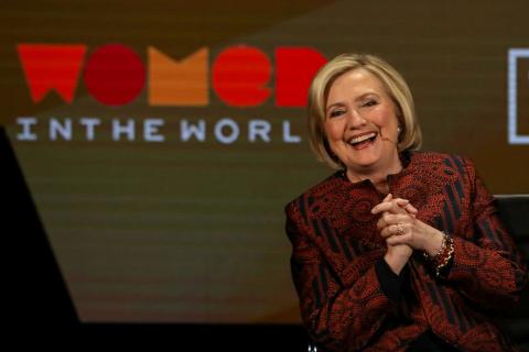 Former Secretary of State Hillary Clinton speaks on stage at the Women In The World Summit in New York, U.S, April 12, 2019. PHOTO BY REUTERS/Brendan McDermid