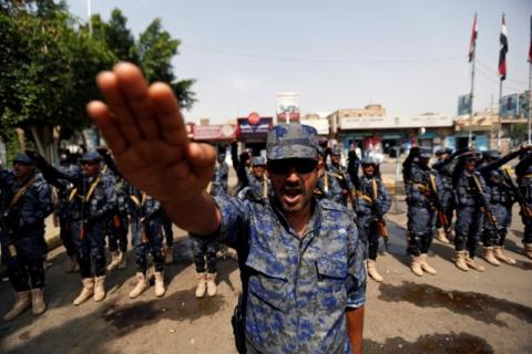 Members of a special security force loyal to the Houthi rebels perform an oath as they take part in a military parade at the Tahrir Square in downtown Sanaa, Yemen, July 19, 2017. PHOTO BY REUTERS/Khaled Abdullah