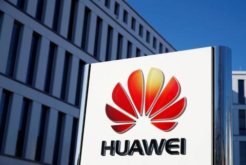 The logo of Huawei Technologies is pictured in front of the German headquarters of the Chinese telecommunications giant in Duesseldorf, Germany, February 18, 2019. PHOTO BY REUTERS/Wolfgang Rattay