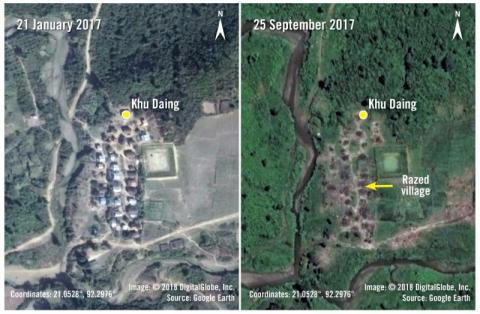 Satellite images show the southern part of the Koe Tan Kauk group of villages in Myanmar, taken on November 25, 2017 (L) and April 5, 2018 in a combination photo released by Amnesty International in New York City, U.S. June 26, 2018. PHOTO BY REUTERS/Amnesty International/DigitalGlobe