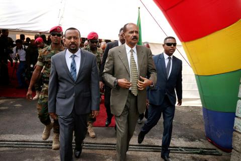 Eritrea's President Isaias Afwerki and Ethiopia's Prime Minister, Abiy Ahmed arrive for an inauguration ceremony marking the reopening of the Eritrean embassy in Addis Ababa, Ethiopia, July 16, 2018. PHOTO BY REUTERS/Tiksa Negeri