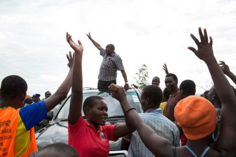 Kisumu county Governor Jack Ranguma waves to the crowd during an election campaign in the village of Miwani in Kisumu county Kenya, April 19, 2017. PHOTO BY REUTERS/Baz Ratner,