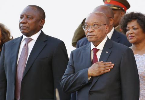 South Africa's Deputy President Cyril Ramaphosa and President Jacob Zuma stand during the playing of the national anthem at the opening of Parliament in Cape Town, February 11, 2016. PHOTO BY REUTERS/Mike Hutchings