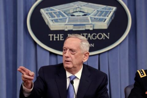 U.S. Defense Secretary James Mattis gestures to the media at the Pentagon in Washington, U.S., April 11, 2017. PHOTO BY REUTERS/Yuri Gripas