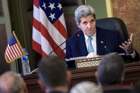 U.S. Secretary of State John Kerry speaks during a news conference after a meeting at the Ministry of Foreign Affairs in Cairo, August 2, 2015. PHOTO BY REUTERS/Brendan Smialowski