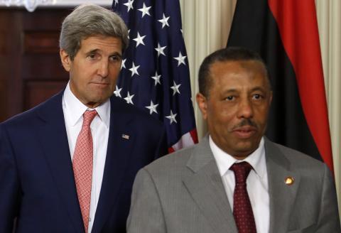 U.S. Secretary of State John Kerry (L) meets with Prime Minister of Libya Abdullah al-Thinni at the State Department in Washington