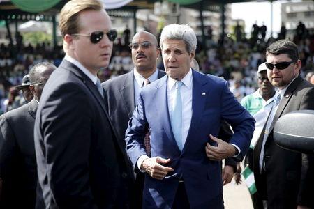 U.S. Secretary of State John Kerry arrives for the inauguration of Nigeria's President Muhammadu Buhari in Abuja, May 29, 2015. PHOTO BY REUTERS/Akintunde Akinleye