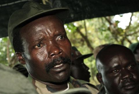 Leader of the Lord's Resistance Army Joseph Kony speaks to journalists after a meeting with U.N. humanitarian chief Jan Egeland at Ri-Kwamba in southern Sudan