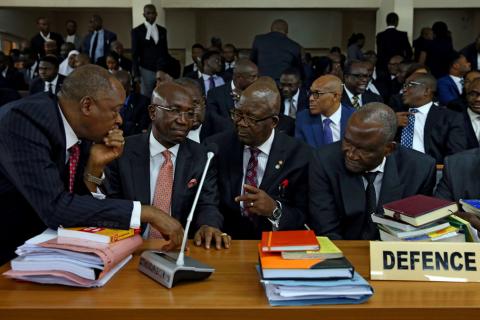 Attorneys in defense of Nigeria's Chief Justice Walter Onnoghen are pictured at the Code of Conduct Tribunal in Abuja, Nigeria, January 22, 2019. PHOTO BY REUTERS/Afolabi Sotunde