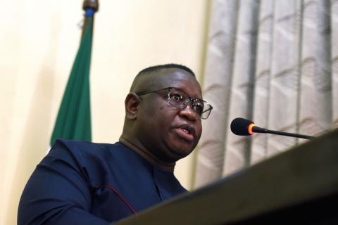 Sierra Leone's President Julius Maada Bio addresses the audience during an event in which he declared national emergency on rape and sexual violence, in Freetown, Sierra Leone, February 7, 2019. PHOTO BY REUTERS/Cooper Inveen