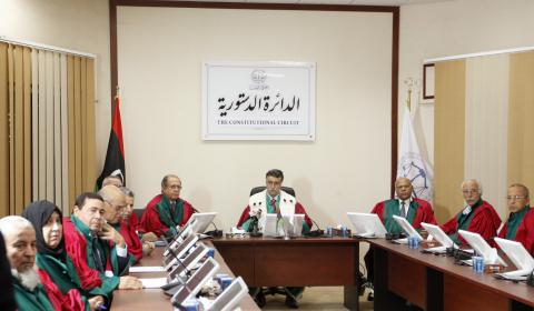 Judge Kamal Bashir Dahan (C), head of Libya's Supreme Court, meets with members of the Constitutional Chamber in Tripoli, November 6, 2014. PHOTO BY REUTERS/Ismail Zitouny