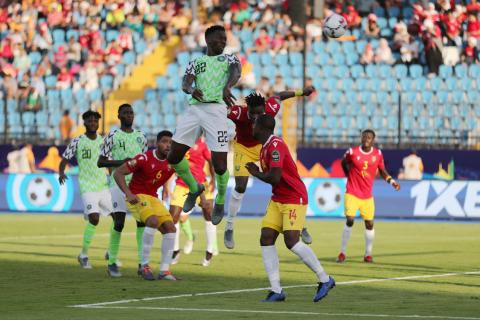 Nigeria's Kenneth Omeruo scores their first goal. PHOTO BY REUTERS/Suhaib Salem