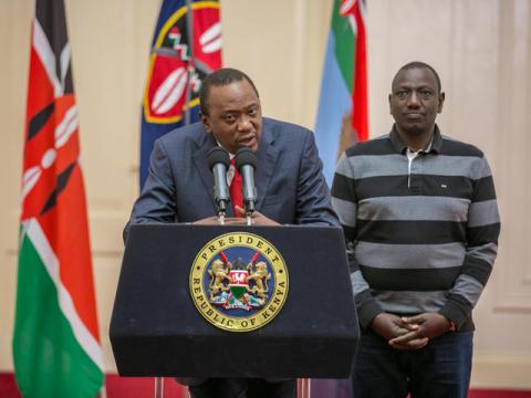 Kenya's President Uhuru Kenyatta flanked by his Deputy William Ruto addresses the nation at State House in Nairobi, Kenya, September 1, 2017. PHOTO BY REUTERS/Presidential Press Service