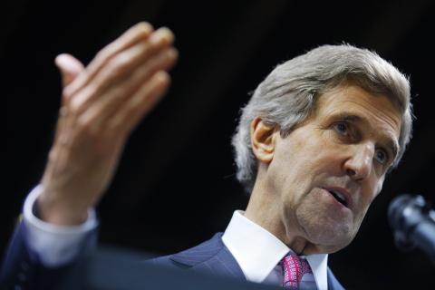 U.S. Secretary of State John Kerry speaks during a joint news conference with Philippines' Foreign Secretary Albert del Rosario at the Department of Foreign Affairs in Manila