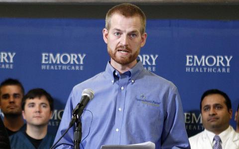 Kevin Brantly, who contracted the deadly Ebola virus, thanks supporters during a press conference at Emory University Hospital in Atlanta, Georgia