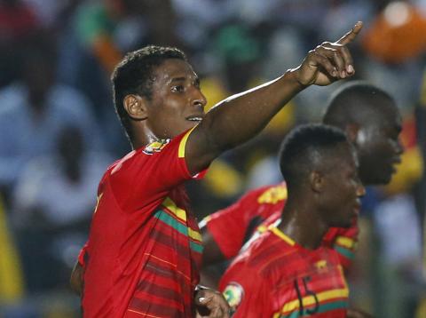 Guinea's Kevin Constant celebrates his goal against Mali during their 2015 African Cup of Nations Group D soccer match in Mongomo, January 28, 2015. PHOTO BY REUTERS/Mike Hutchings