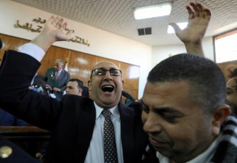 Egyptian lawyer and ex-Presidential candidate Khaled Ali shouts slogans inside the State Council courthouse after a ruling against the Egypt-Saudi border demarcation agreement, in Cairo, Egypt, January 16, 2017. PHOTO BY REUTERS/Mohamed Abd El Ghany