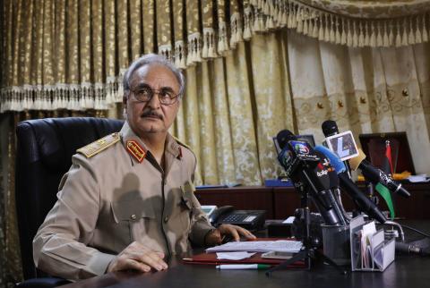 General Khalifa Haftar attends a news conference at Benina air base in Benghazi