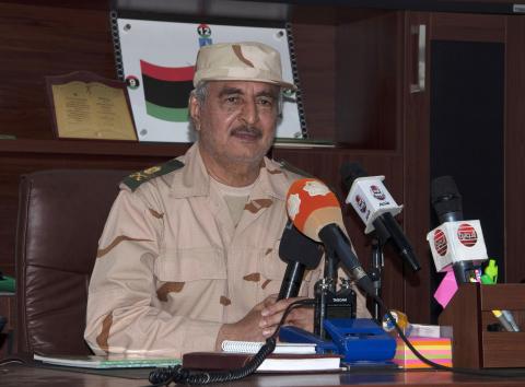 Ex-general Khalifa Haftar speaks during a news conference after surviving an assassination attempt, in Al Marj, east of Benghazi