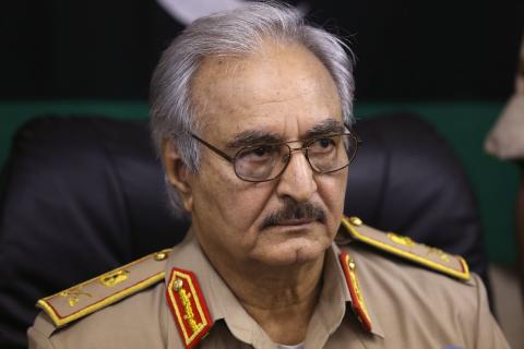 Then-General Khalifa Haftar speaks during a news conference in Abyar, east of Benghazi, May 31, 2014. PHOTO BY REUTERS/Esam Omran Al-Fetori