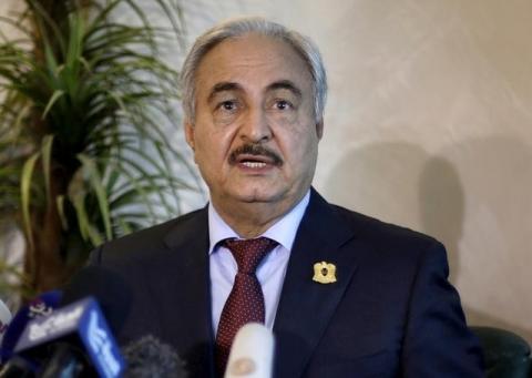 Libyan General Khalifa Haftar, chief of the army loyal to the internationally recognized government, speaks during a news conference in Amman, Jordan, August 24, 2015. PHOTO BY REUTERS/Muhammad Hamed