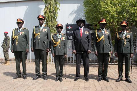 South Sudan's president Salva Kiir (3R) attends a medals awarding ceremony for long serving servicemen of the South Sudan People's Liberation Army (SPLA) in the Bilpam, military headquarters in Juba, South Sudan, January 24, 2019. PHOTO BY REUTERS/Samir Bol