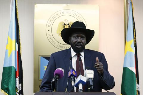 South Sudan's President Salva Kiir gestures during a news conference in Juba