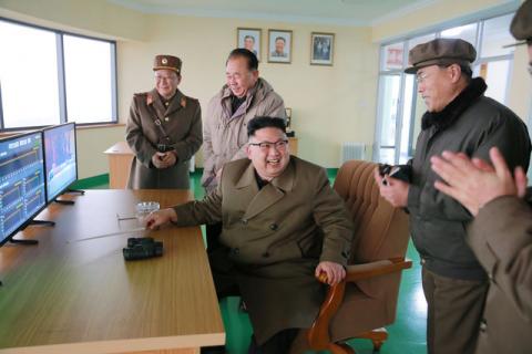 North Korean leader Kim Jong Un watched the ground jet test of a Korean-style high-thrust engine newly developed by the Academy of the National Defence Science in this undated picture provided by KCNA in Pyongyang on March 19, 2017. PHOTO BY REUTERS/KCNA