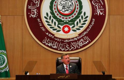 Jordan's King Abdullah II speaks during the 28th Ordinary Summit of the Arab League at the Dead Sea, Jordan, March 29, 2017. PHOTO BY REUTERS/Mohammad Hamed