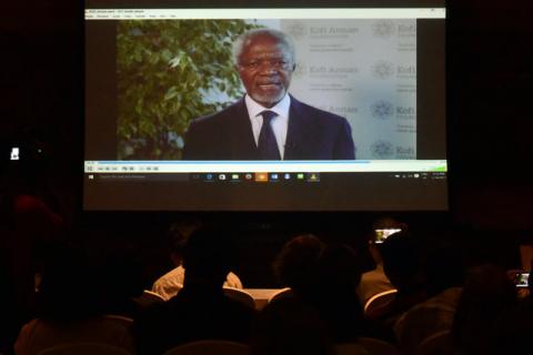 Former U.N. chief Kofi Annan is seen in a video conference in Yangon, Myanmar, March 16, 2017. PHOTO BY REUTERS/Pyay Kyaw Aung