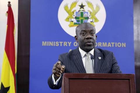 Ghana's Minister of Information Kojo Oppong Nkrumah, speaks during a news conference on the rescue of two Canadian women who were kidnapped last week in Kumasi, in Accra, Ghana, June 12, 2019. PHOTO BY REUTERS/Kweku Obeng