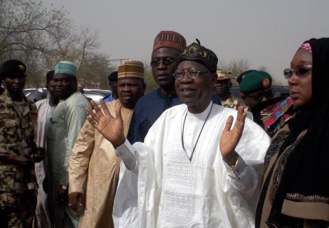 Information Minister Lai Mohammed speaks during his visit to the school in Dapchi in the northeastern state of Yobe, where dozens of school girls went missing after an attack on the village by Boko Haram, Nigeria, February 22, 2018. PHOTO BY REUTERS/Ola Lanre