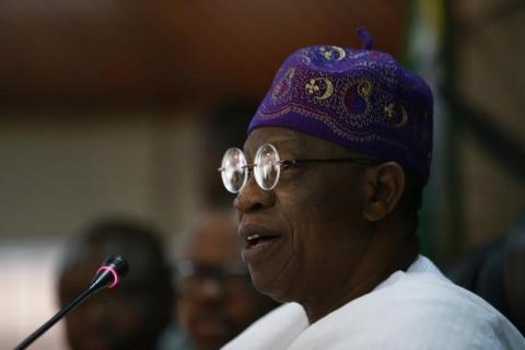 Minister of Information Lai Mohammed briefs the media on the town of Bama liberated from Boko Haram, during a news conference in Abuja, Nigeria, December 8, 2015. PHOTO BY REUTERS/Afolabi Sotunde