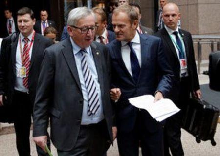 European Commission President Jean-Claude Juncker and European Council President Donald Tusk arrive to address a joint news conference on the second day of the EU Summit in Brussels, Belgium, June 29, 2016. PHOTO BY REUTERS/Francois Lenoir